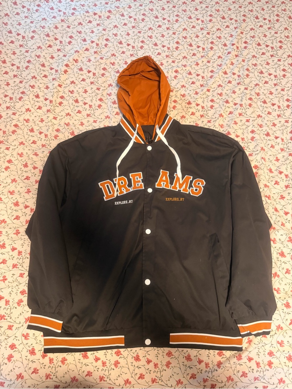 Dreams Contrast Hooded Bomber Jacket - Black & Orange
